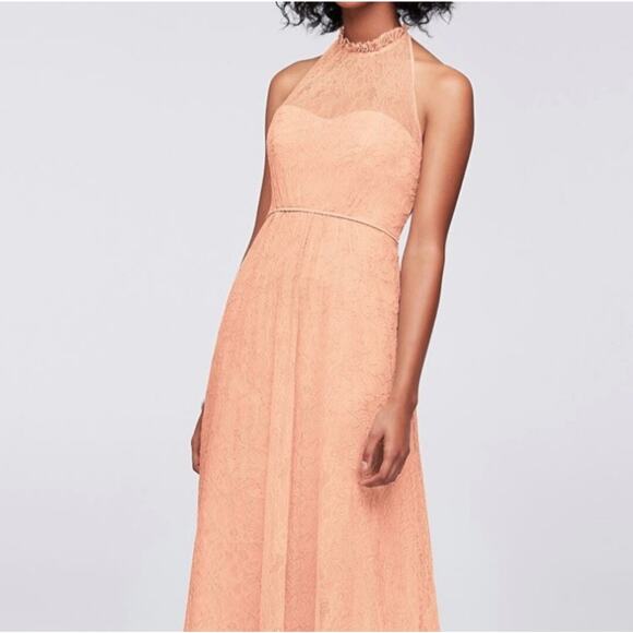 Bellini Dress Maxi High Neck Lace Halter Party Chantilly Lace-Peach Coral Size 6 - Picture 1 of 5